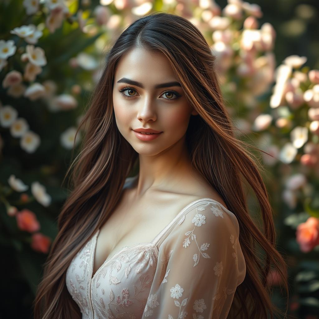 A beautifully styled portrait of an attractive young woman with long flowing hair, wearing an elegant dress adorned with delicate floral patterns