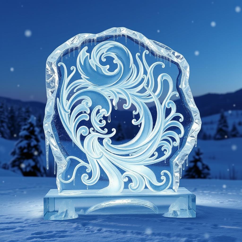 A mesmerizing ice sculpture design featuring intricate, swirling patterns and glistening frost