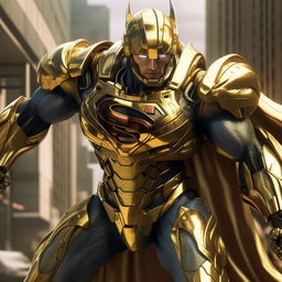 Ultra realistic Superman, sheathed in gold mecha armor, striking a powerful pose under a brilliant daylight