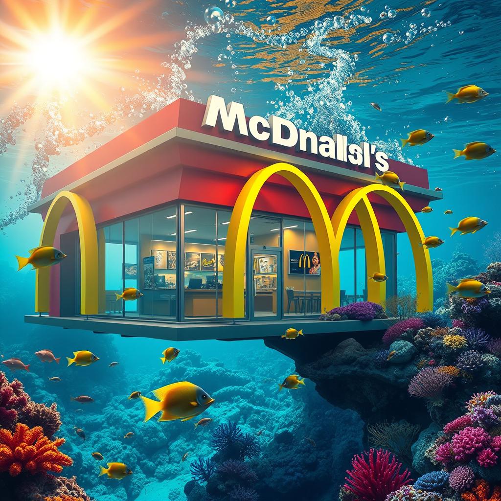 An imaginative underwater scene depicting a McDonald's restaurant building, complete with its iconic yellow arches, surrounded by vibrant coral reefs and colorful fish