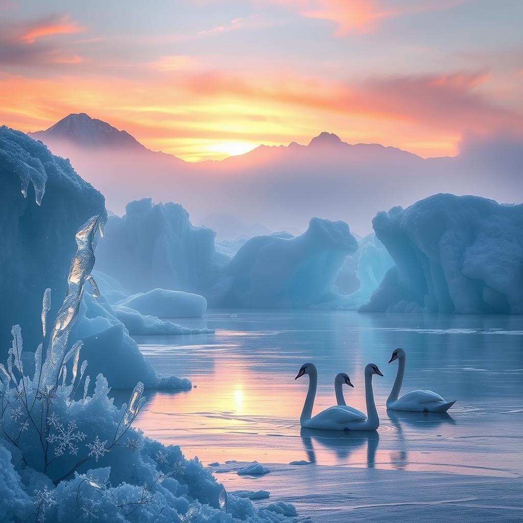 An ethereal scene showcasing a stunning ice landscape with crystalline ice formations, delicate frost flowers, and shimmering snowflakes dancing in the gentle breeze