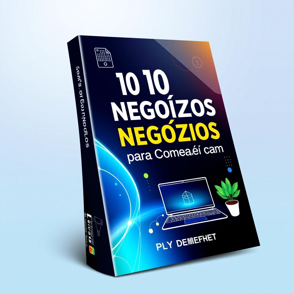 A beautiful, modern, and futuristic ebook cover featuring the title '10 Ideias de Negócios para Começar em Casa com Pouco Dinheiro'