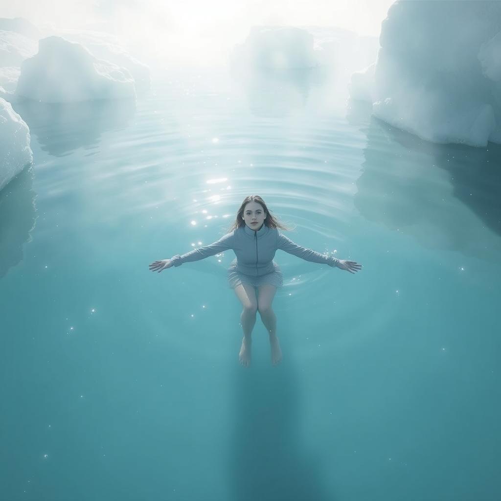 A solitary figure gracefully floating in icy blue water, with a serene expression on their face
