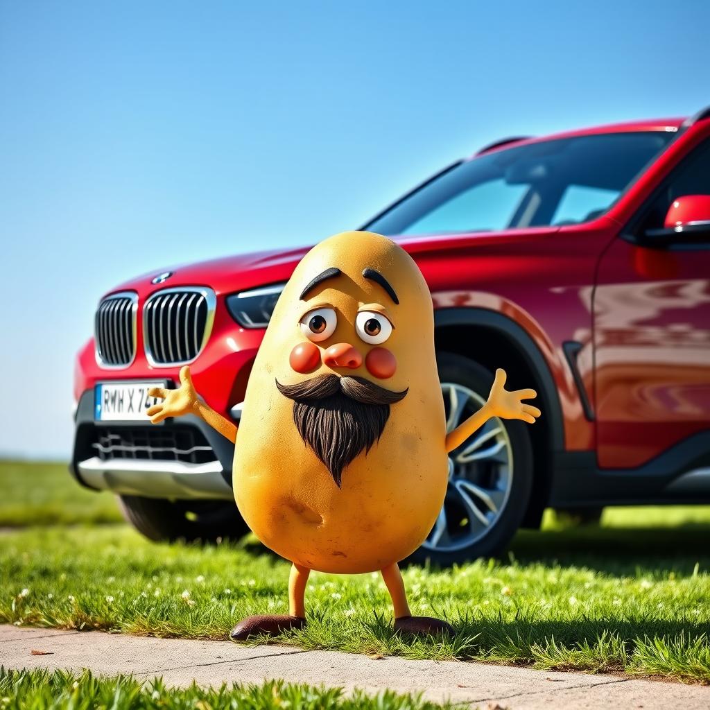 A realistic potato character displaying human-like features such as hands, a beard, and legs, positioned playfully in front of a shiny, red BMW X1
