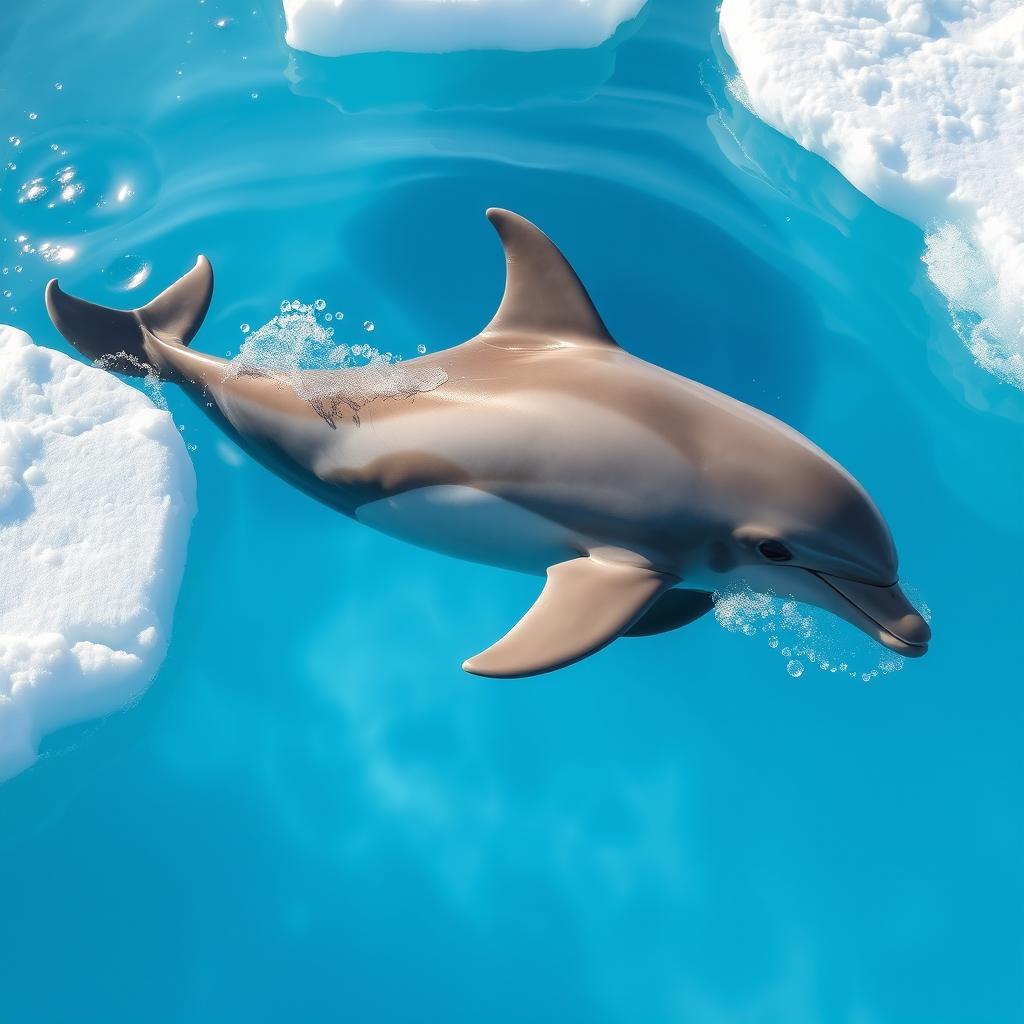 A majestic dolphin gracefully swimming in icy, clear blue water, surrounded by floating icebergs