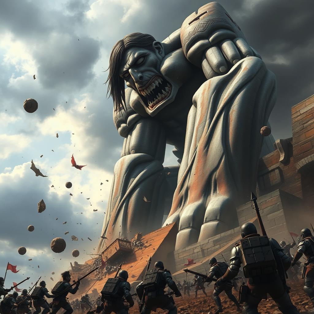 A dramatic fantasy scene featuring a towering giant resembling a Titan from Attack on Titan, with exaggerated facial features and ripped muscles, surrounded by a chaotic battlefield