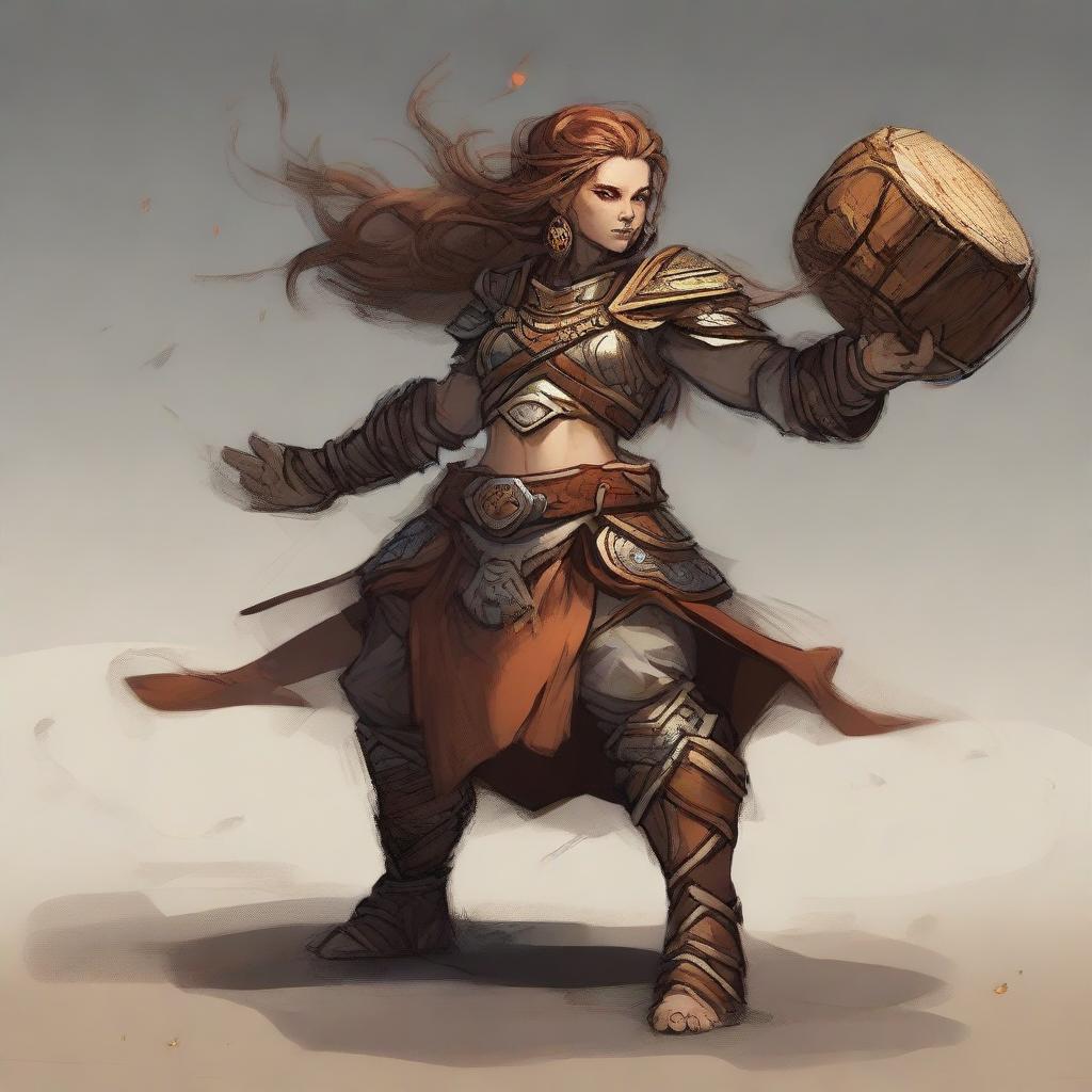 An unarmed female dwarf earth and wood bender, encased in resilient heavy armor, commands an intricate dance of wooden splinters and rocks that levitate and swirl around her.