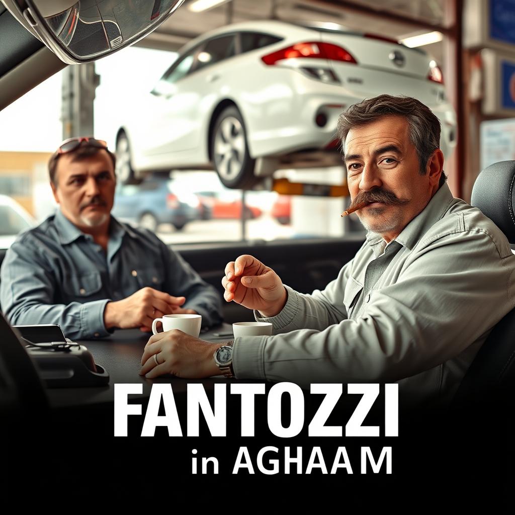 Fantozzi in an Azerbaijani auto service, seated at a desk with a mustached supervisor enjoying tea and smoking cigarettes
