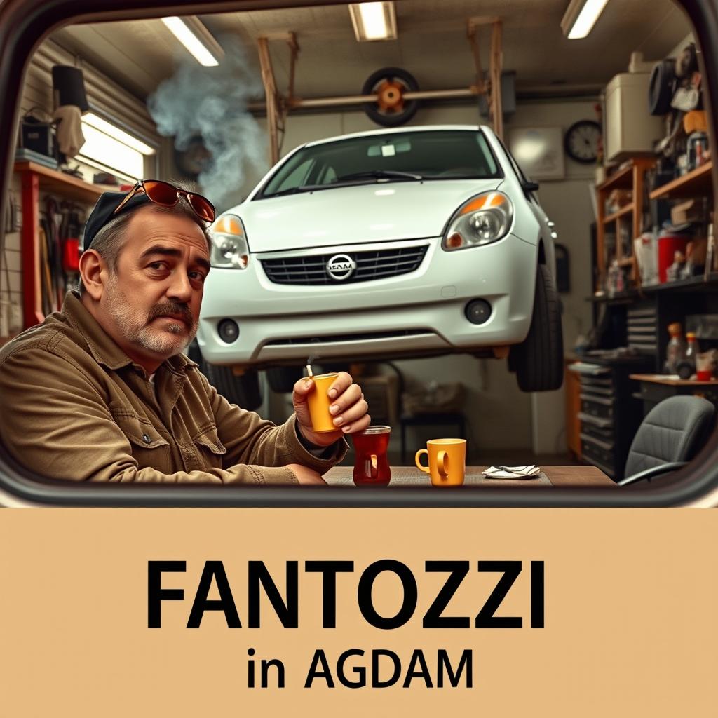 Fantozzi entering an Azerbaijani auto service, with a mustached boss sitting at a table drinking tea and smoking cigarettes