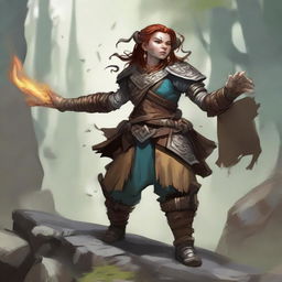 An unarmed female dwarf earth and wood bender, encased in resilient heavy armor, commands an intricate dance of wooden splinters and rocks that levitate and swirl around her.