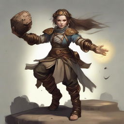 An unarmed female dwarf earth and wood bender, encased in resilient heavy armor, commands an intricate dance of wooden splinters and rocks that levitate and swirl around her.