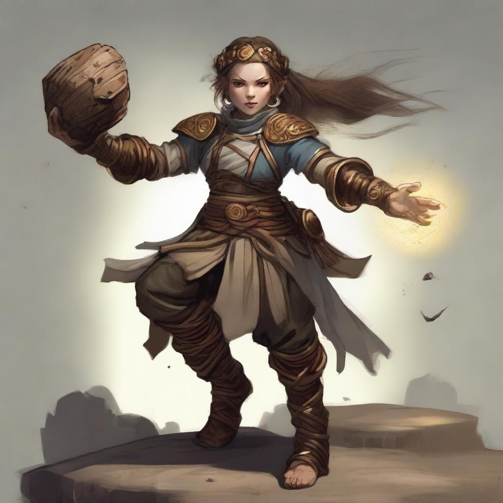An unarmed female dwarf earth and wood bender, encased in resilient heavy armor, commands an intricate dance of wooden splinters and rocks that levitate and swirl around her.