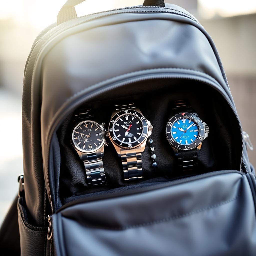 A stylish Aldo backpack opened up to reveal three elegant Invicta watches neatly arranged inside