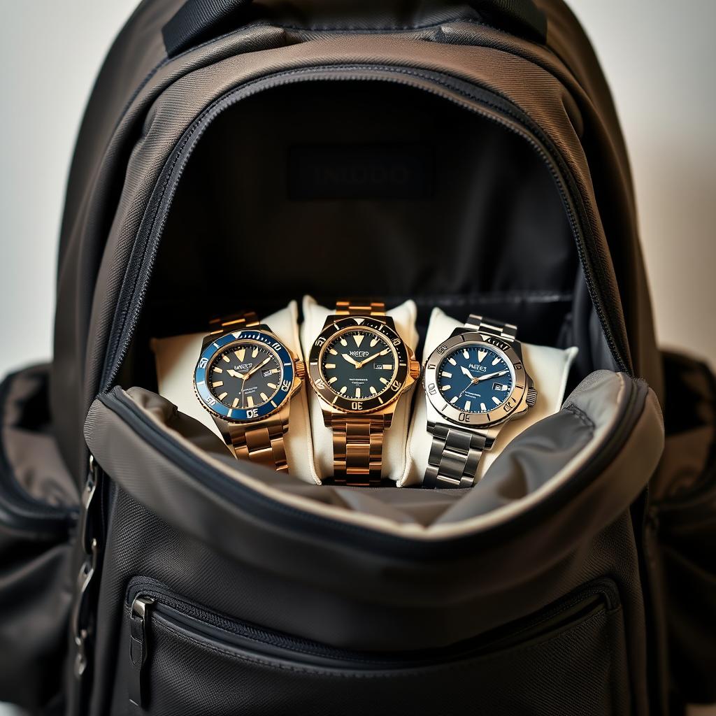 An Aldo backpack displayed open to reveal three Invicta watches from the men's series nestled inside