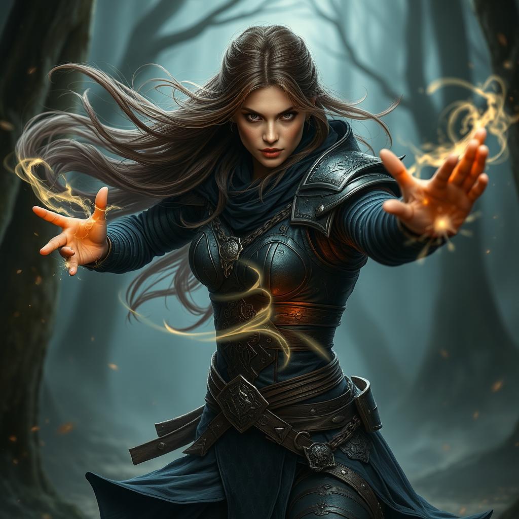 A fierce assassin warrior wielding magical powers, inspired by the model from photo 1 with the facial features of photo 2