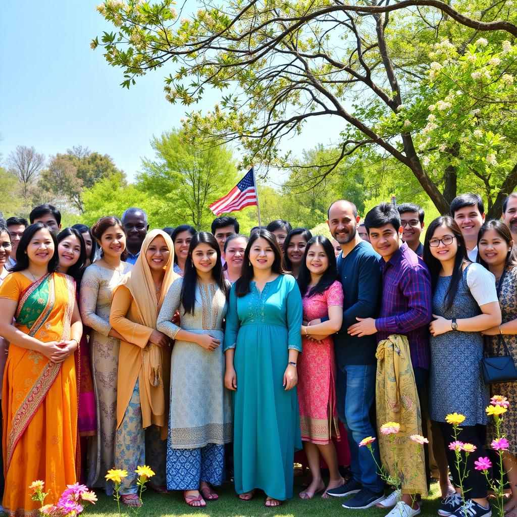 A vibrant and lively group photo capturing a diverse gathering of people from different cultures and backgrounds