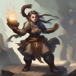 An unarmed female dwarf earth and wood bender, encased in resilient heavy armor, commands an intricate dance of wooden splinters and rocks that levitate and swirl around her.