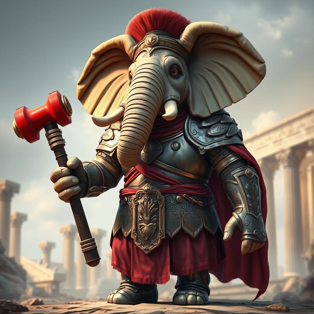 A humanoid elephant dressed in Roman armor, powerfully holding a giant red hammer
