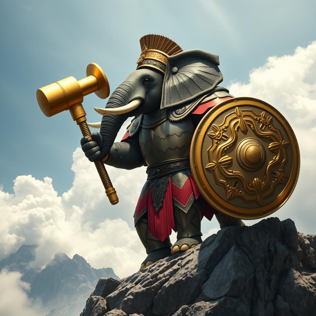 A humanoid elephant wearing Roman armor, standing majestically atop a mountain, powerfully holding a golden hammer