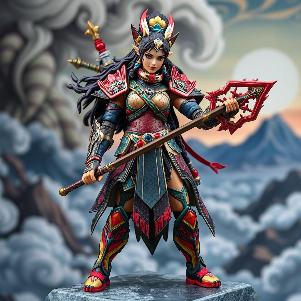 A detailed action figure of a fictional character named Ložišćanin, designed in a dynamic pose, showcasing intricate armor and accessories