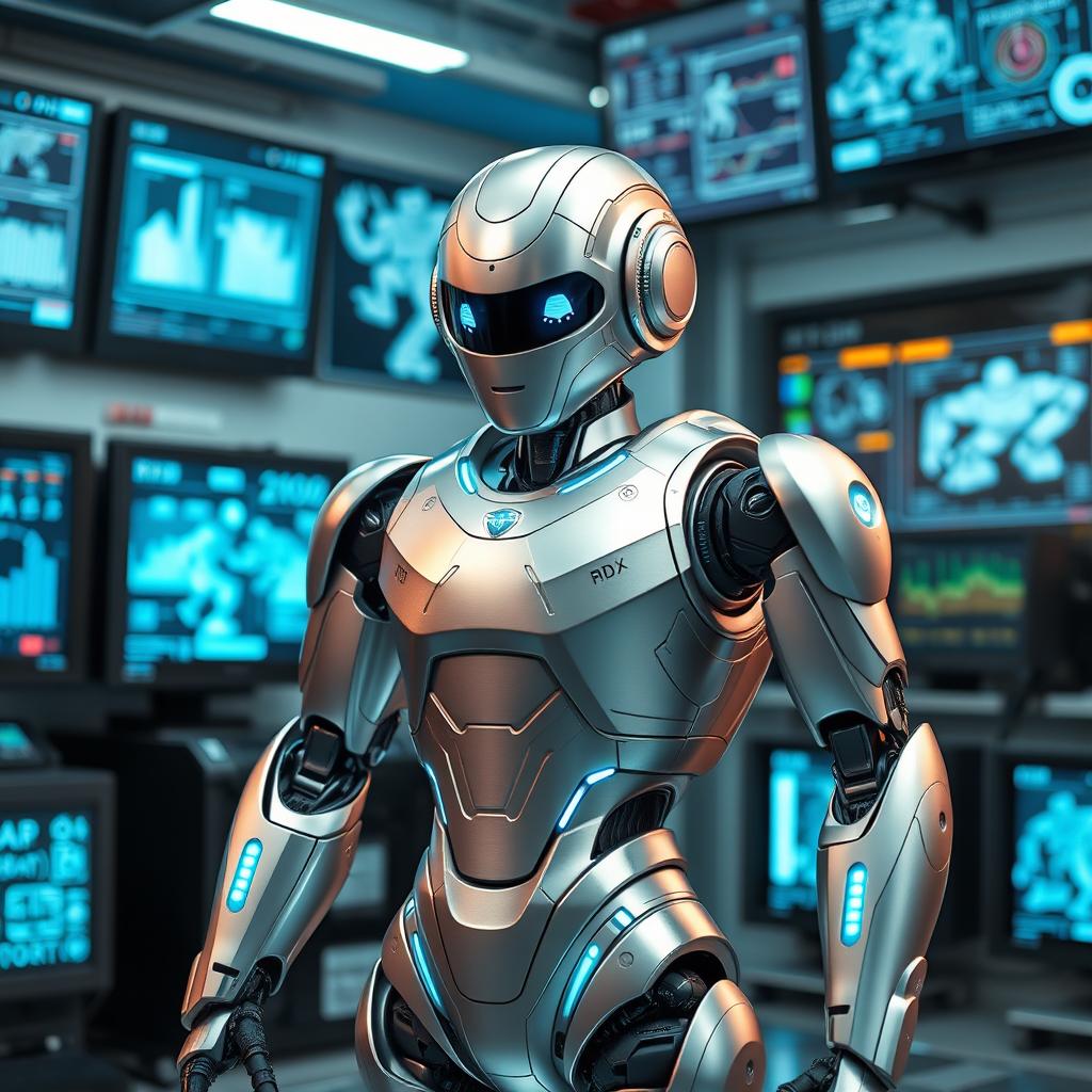 A futuristic robot named RDX, designed for intelligence and efficiency, featuring a sleek metallic surface with a reflective finish