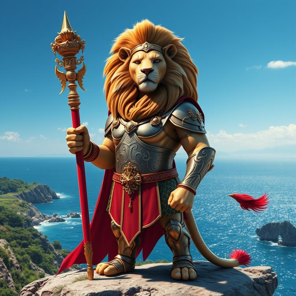 A humanoid lion clad in Roman armor, standing proudly on an island, holding a red and gold scepter