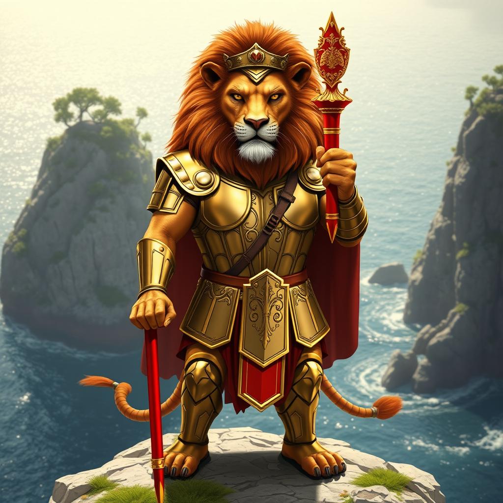 A fierce humanoid lion clad in Roman armor, standing boldly on an island, holding a red and gold scepter