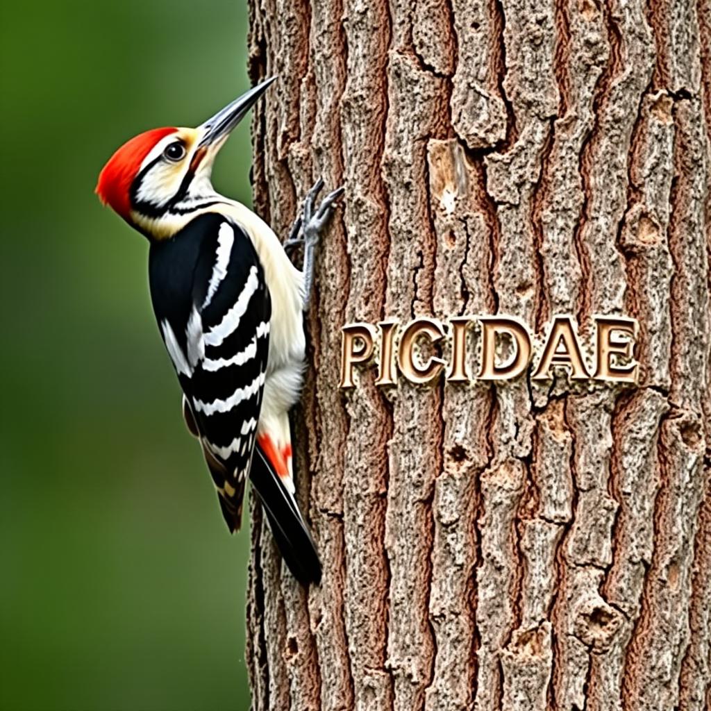 A vertical woodpecker clinging to a thick pine tree trunk