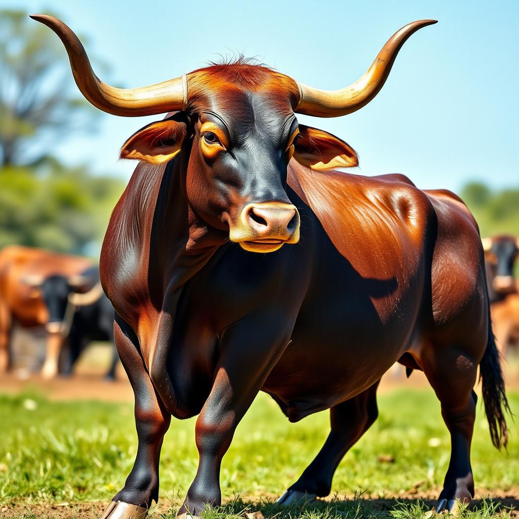 A powerful and majestic bull standing proudly, showcasing its muscular build and glossy coat
