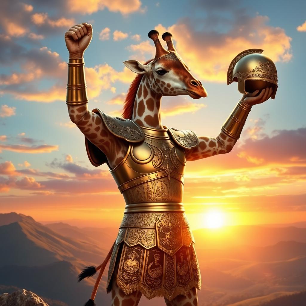 A humanoid giraffe standing majestically on a mountain top, wearing intricate Roman armor that gleams in the sunlight