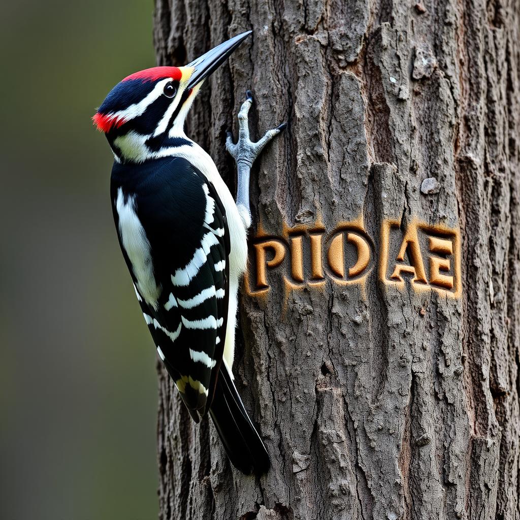 A vertical woodpecker gripping onto a thick pine trunk