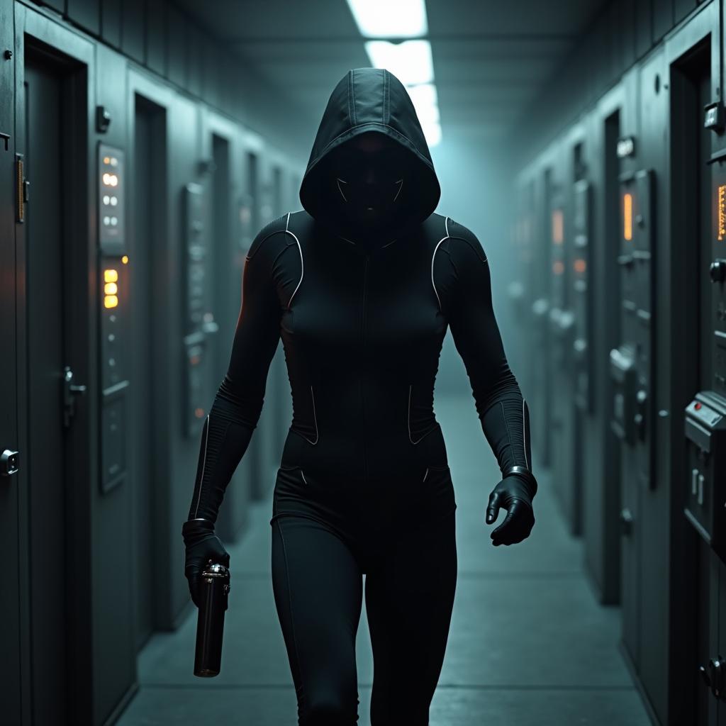 A stealthy human spy rogue infiltrating a dimly lit, high-tech facility