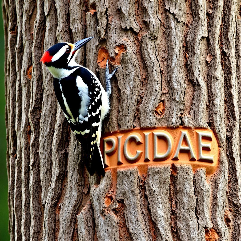 A woodpecker perched vertically on a thick pine trunk, gripping it with its claws