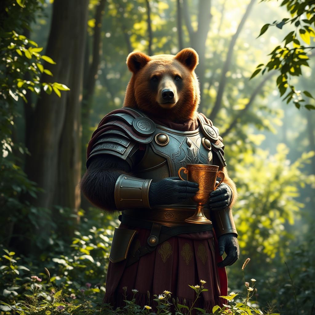 A humanoid brown bear wearing Roman armor, standing majestically in a lush forest