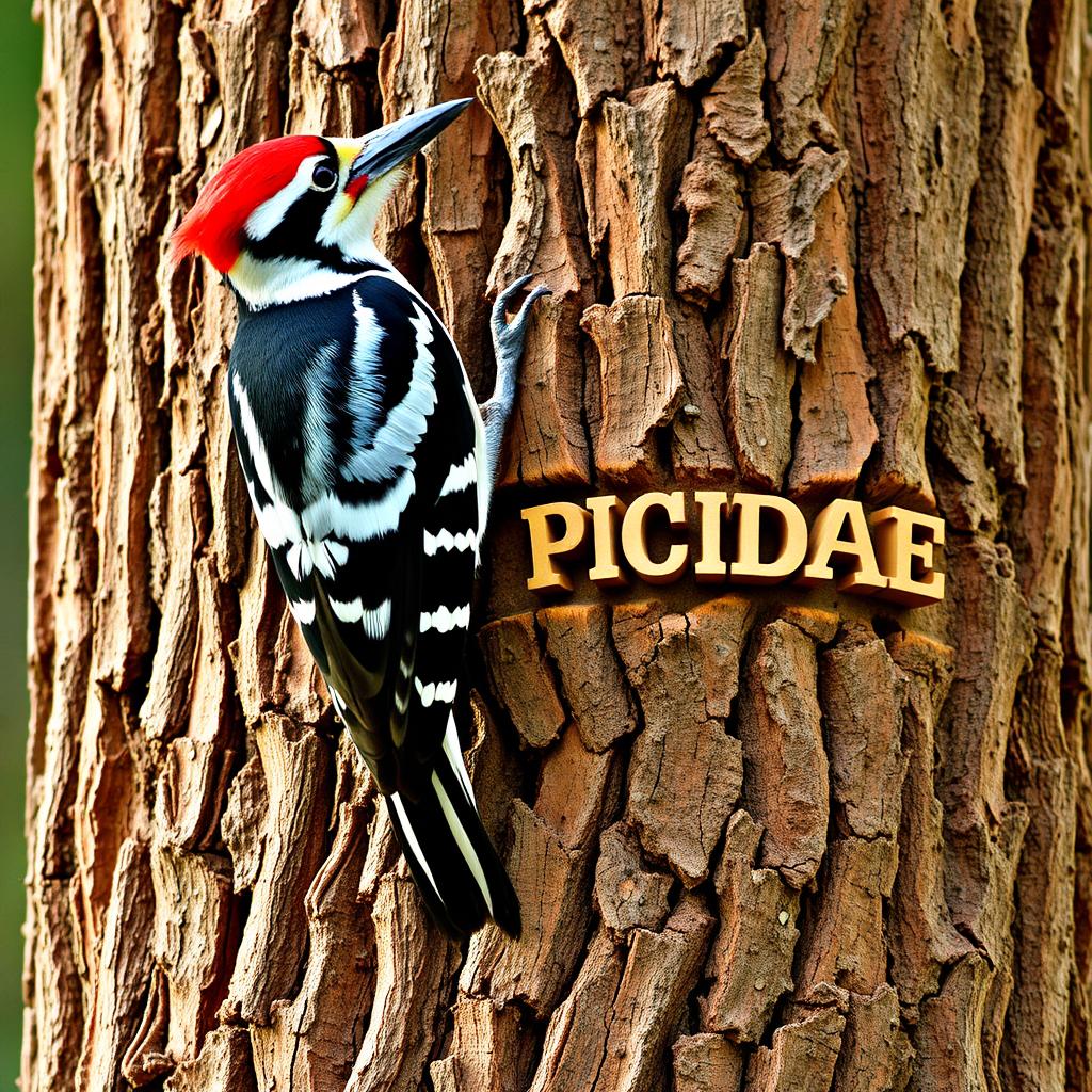 A woodpecker perched vertically on a thick pine trunk, gripping tightly with its claws