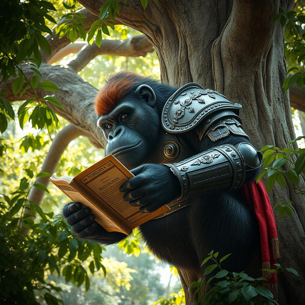 A humanoid gorilla with Roman armor, hanging from a giant tree, holding a manuscript