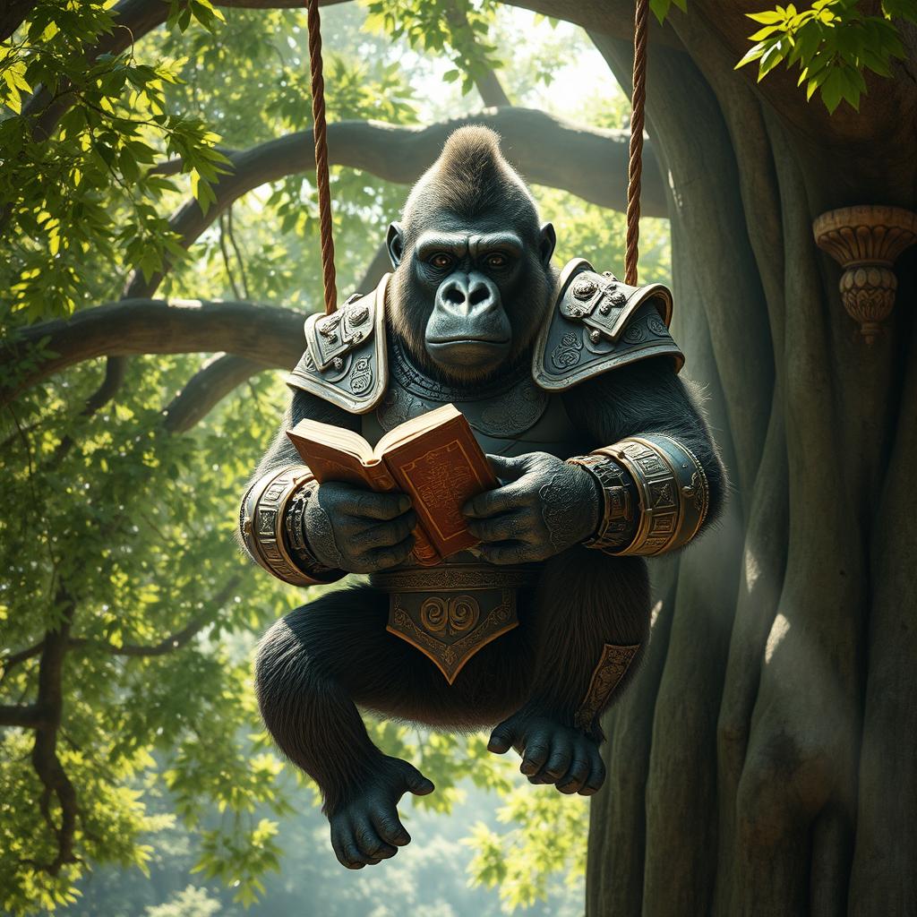A humanoid gorilla with two tails, adorned in Roman armor, suspended from a giant tree while holding a book
