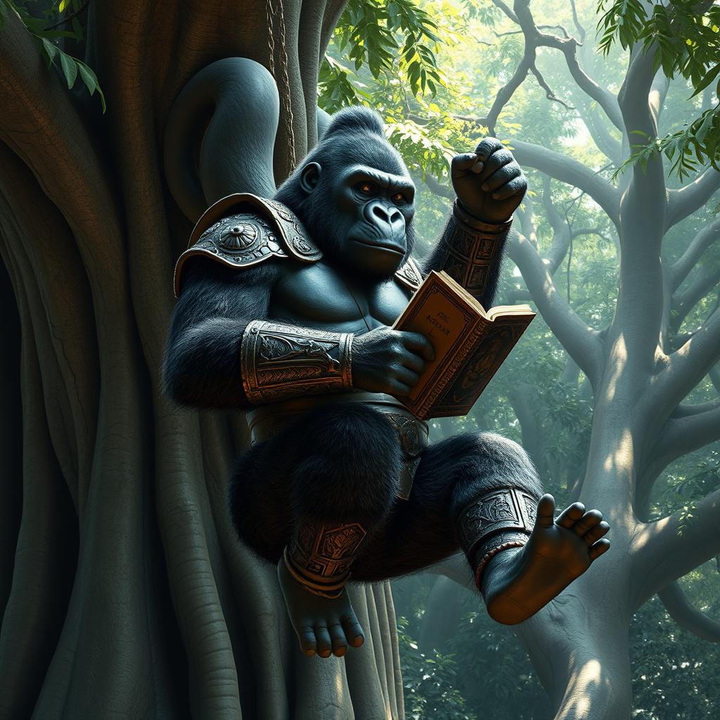 A humanoid gorilla with two tails, one tail grasping a giant tree, wearing Roman armor, and suspended from the tree while holding a book