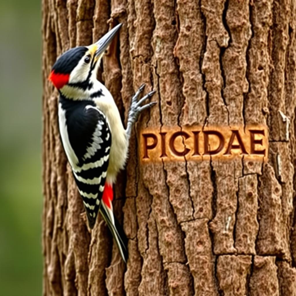 A woodpecker perched vertically on a thick pine trunk, gripping it with its claws