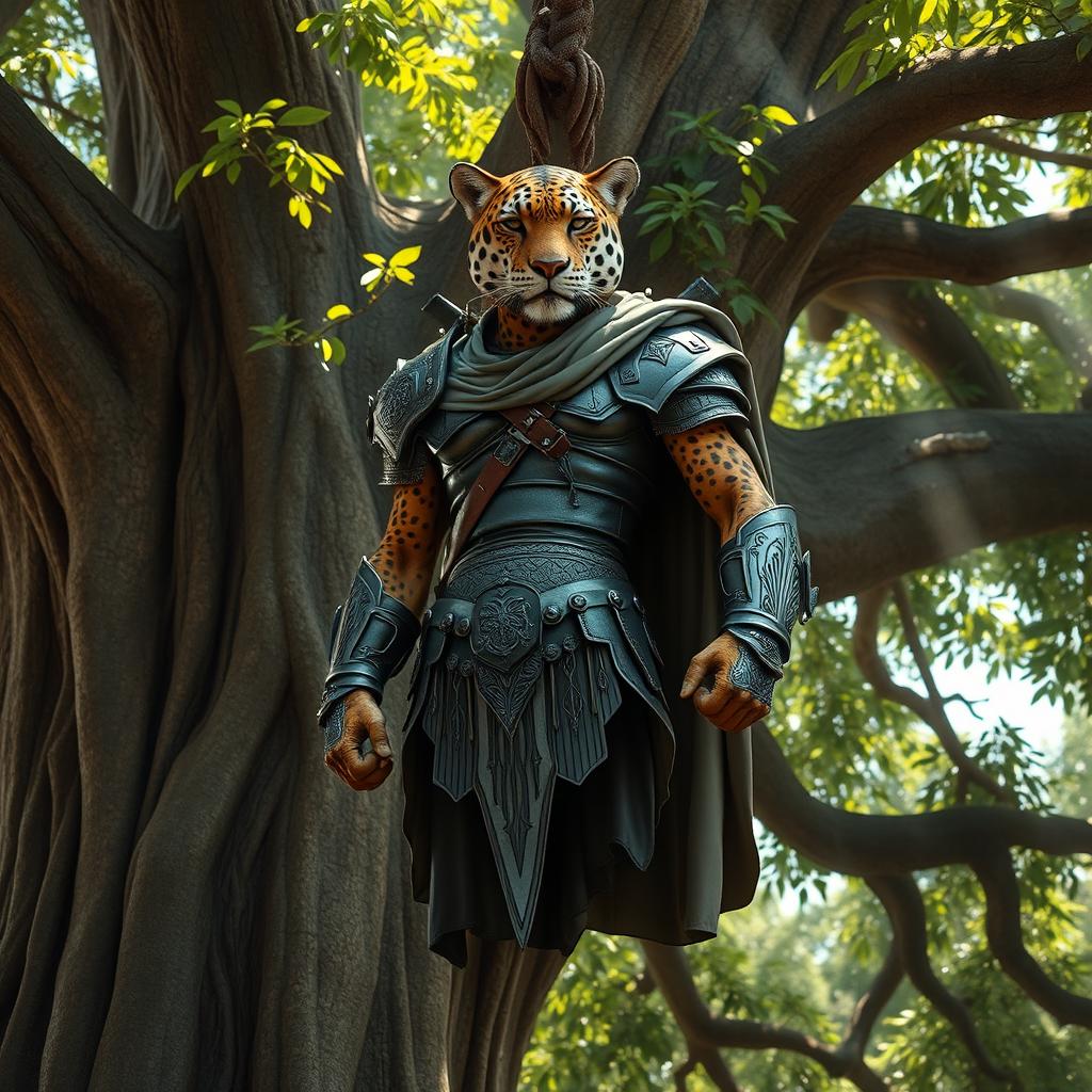 A humanoid jaguar draped in Roman armor, hanging from a giant tree