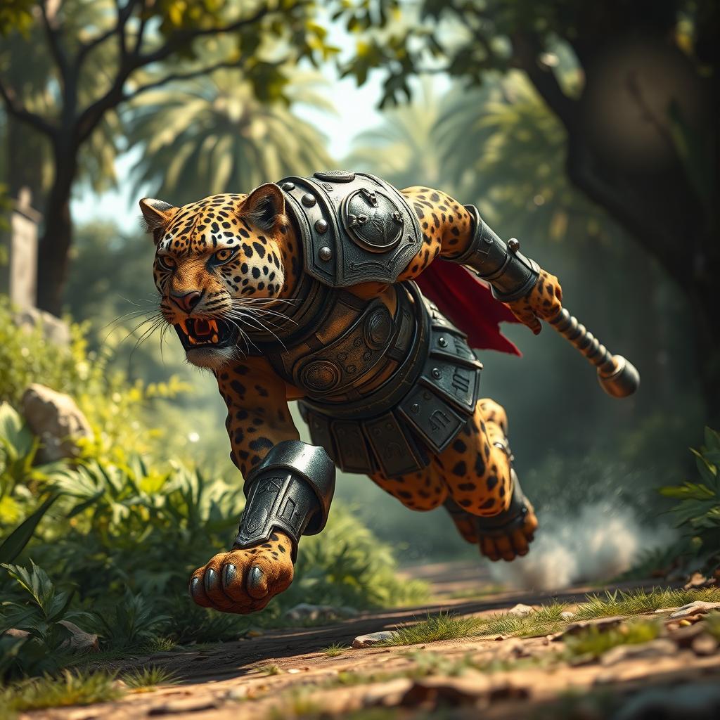 A humanoid jaguar clad in Roman armor, sprinting toward its prey with a fierce and determined expression