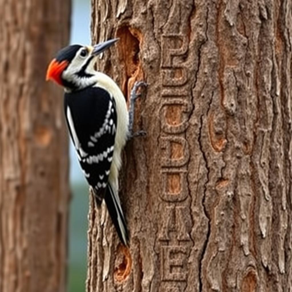 A woodpecker, perched vertically on a thick pine trunk, gripping it firmly with its talons