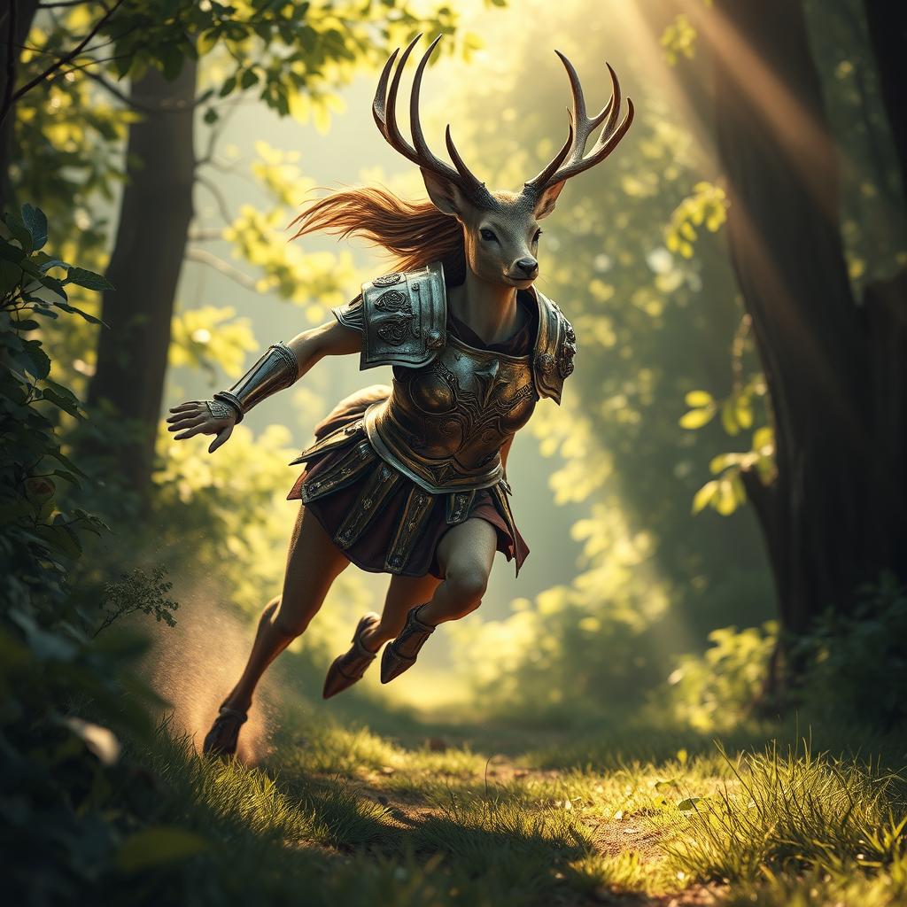A humanoid female deer clad in Roman armor, sprinting toward a safe haven