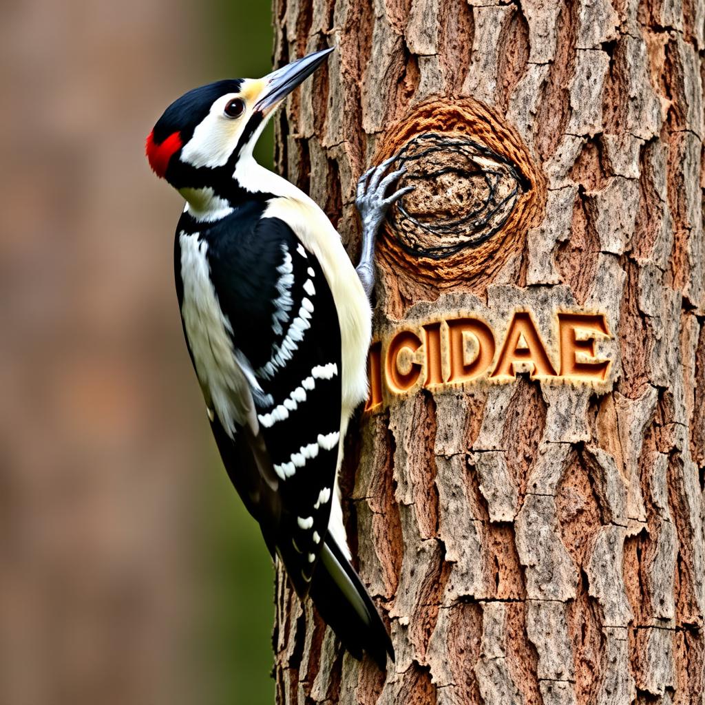 A woodpecker perched vertically, gripping a thick pine trunk with its claws