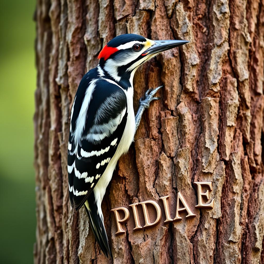 A woodpecker perched vertically, gripping a thick pine trunk with its claws
