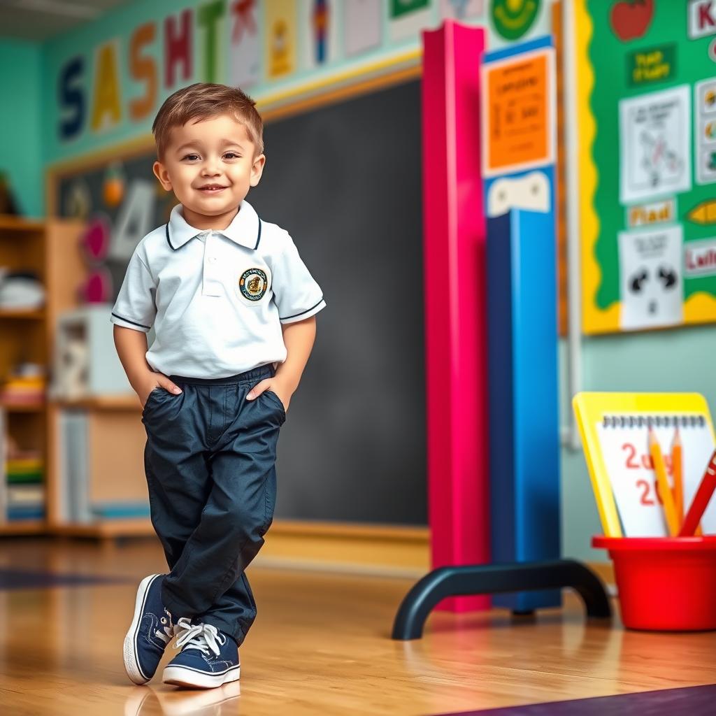 A young boy wearing a school uniform consisting of a white polo shirt, black trousers, and dark blue sneakers, leaning against a giant pencil
