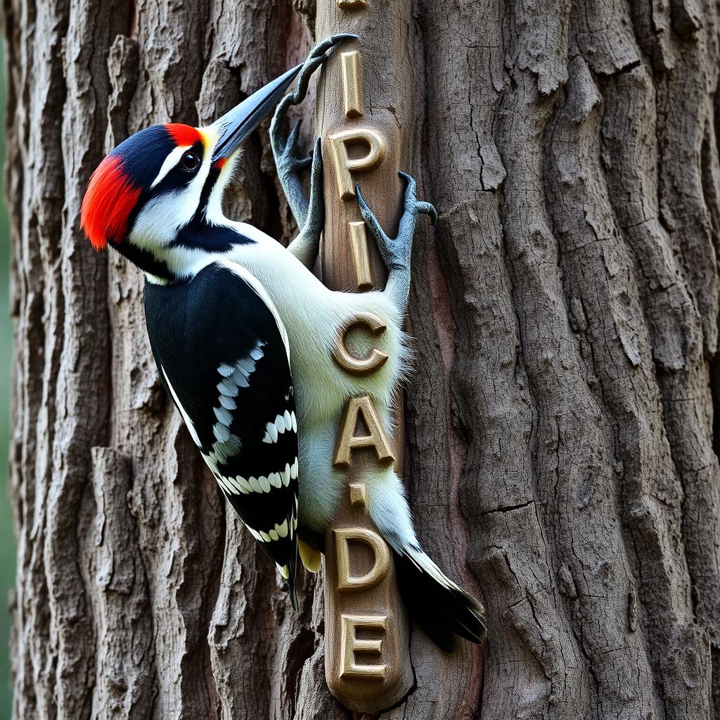 A sturdy woodpecker gripping tightly with its claws to a thick pine trunk, displaying its firm beak and realistic plumage featuring black and white stripes with red touches on its head