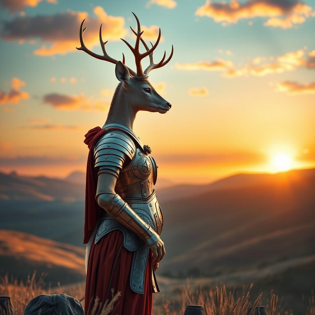 A humanoid female deer clad in Roman armor, standing gracefully and gazing at the horizon