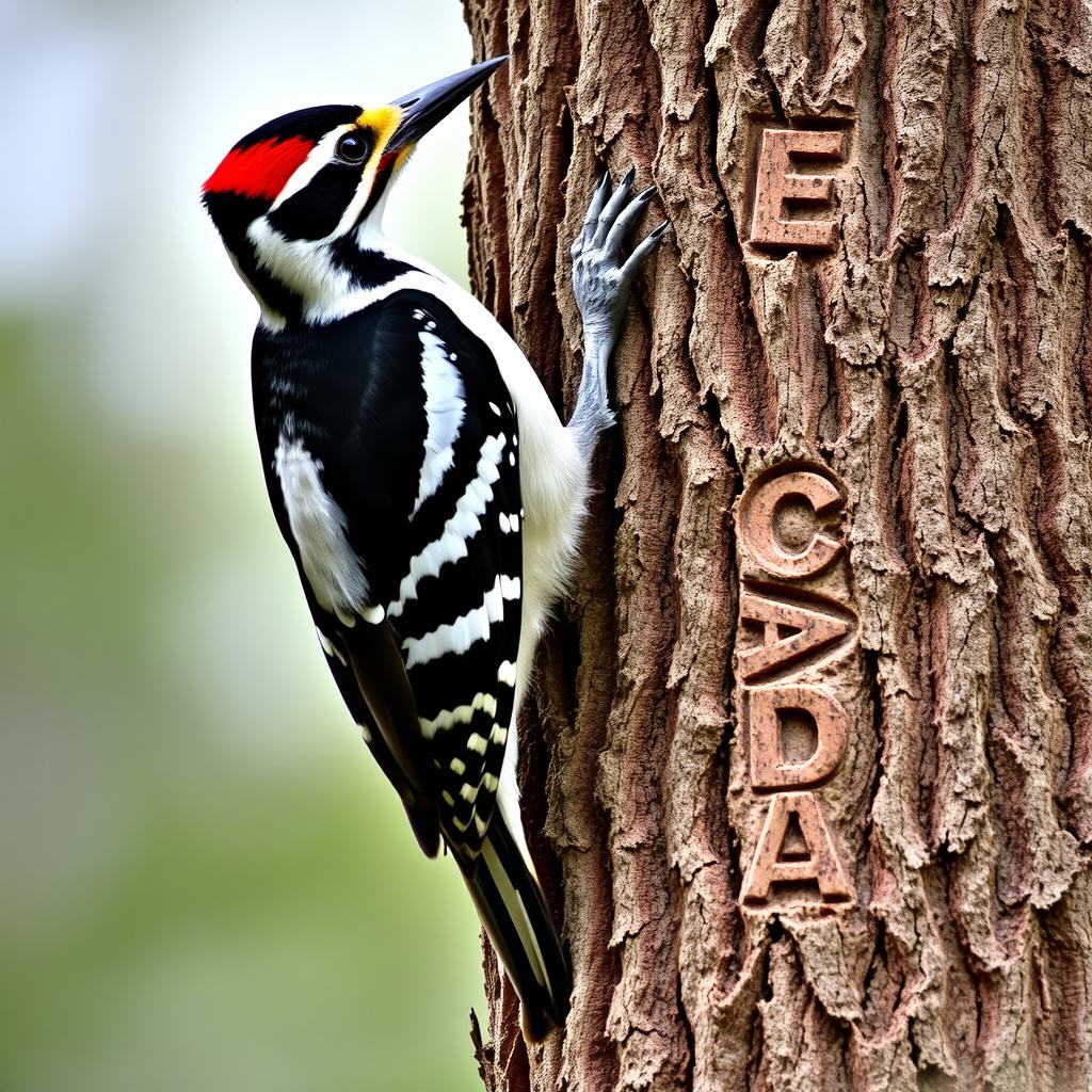 A woodpecker perched vertically, gripping a thick, textured pine trunk with its claws