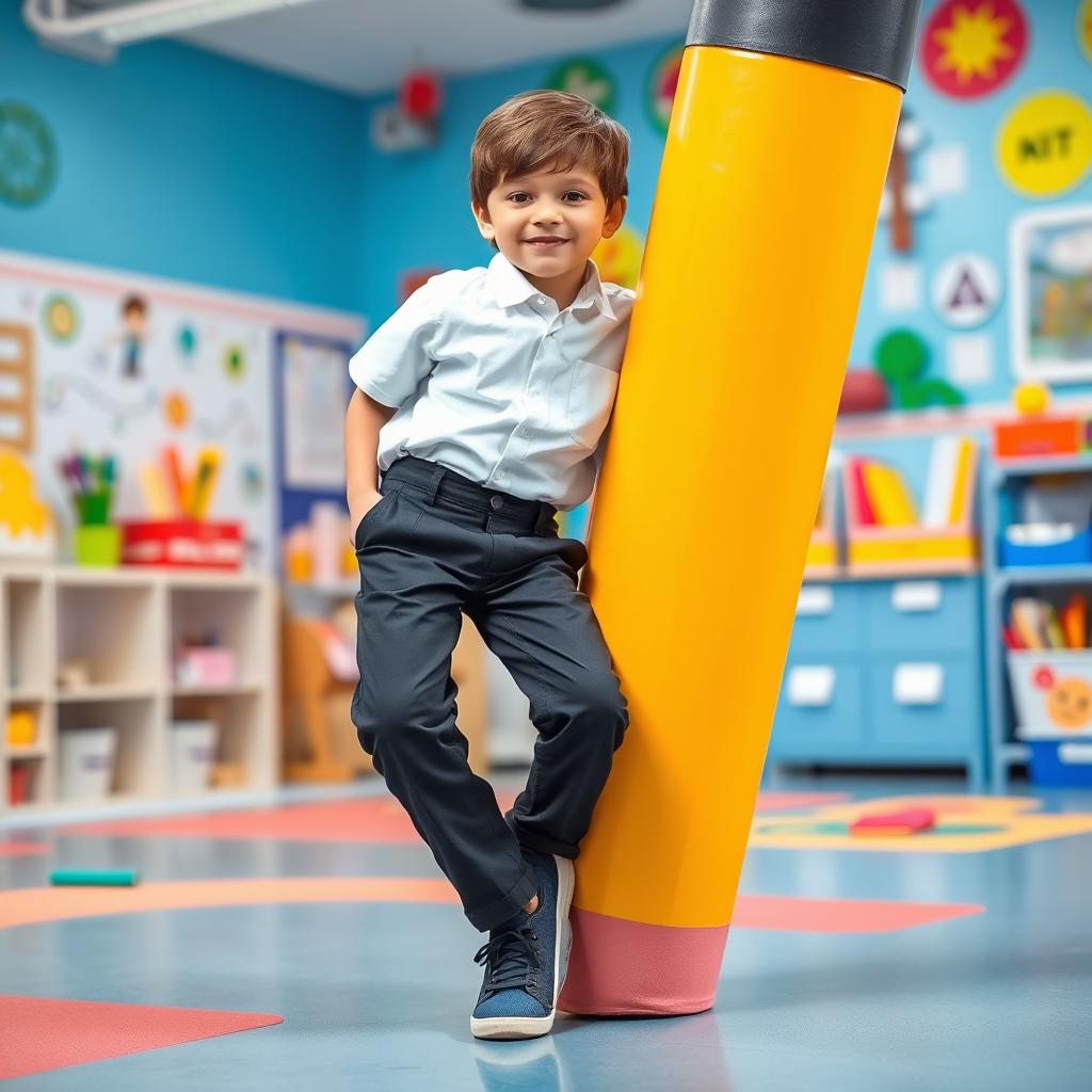 A young boy dressed in a school uniform featuring a white shirt, black pants, and dark blue sneakers